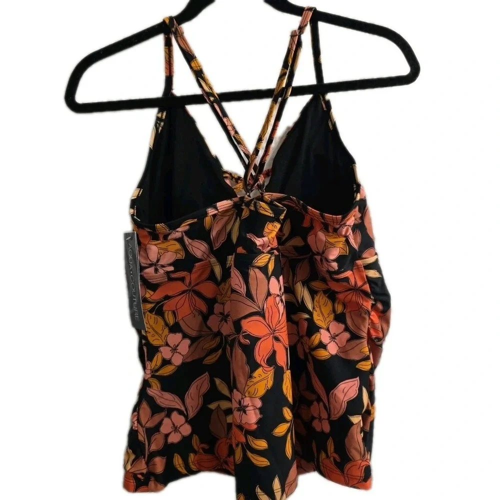 NEW Aqua Couture Halter Tankini Top Black Pink Floral‎ & Black Curvy Bottoms